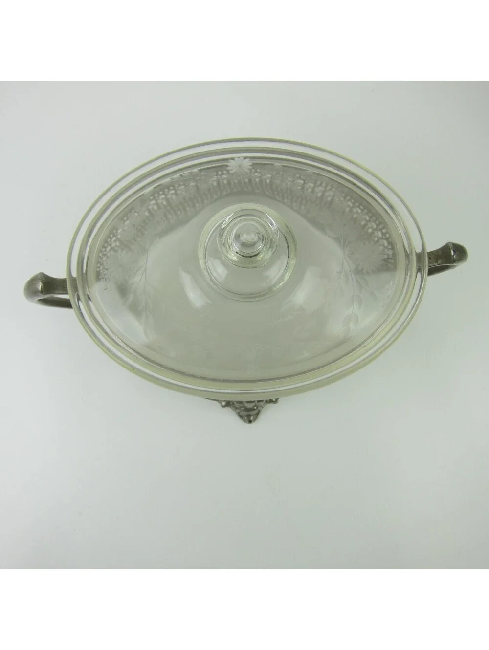 Vintage PYREX Covered Casserole Dish Floral Etched Lid Mara Silver Metal Stand